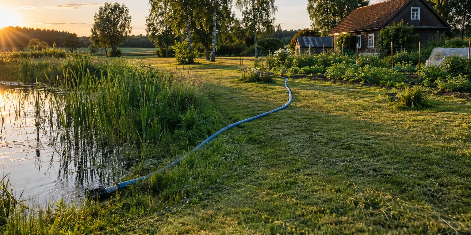 Mėlyna plokščia žarna nuo tvenkinio per pievą iki daržo