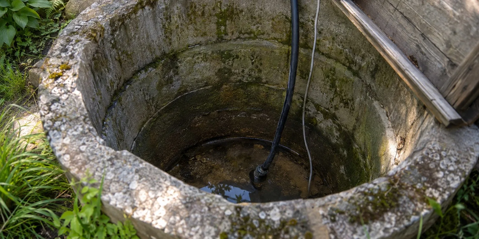 Šulinys, kurio dugne beliko mažai vandens, su nuleista siurbimo žarna ir kabeliu